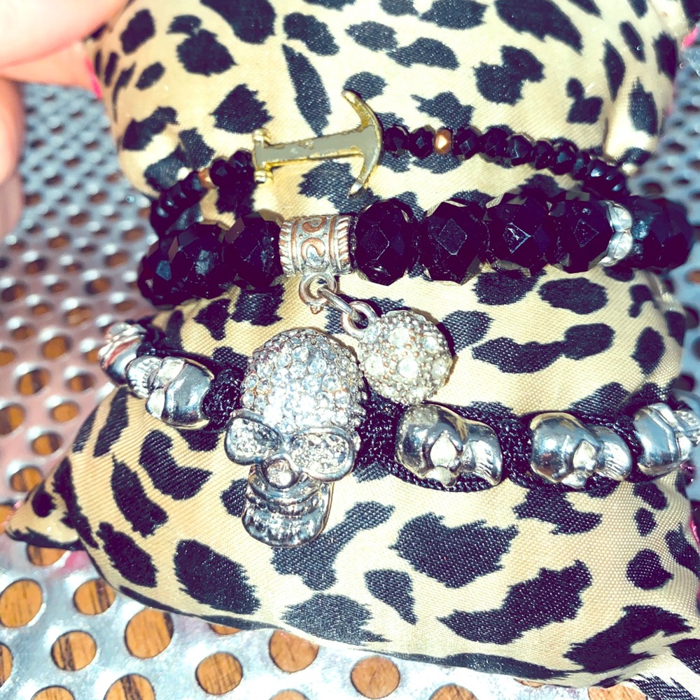 Set of 3 black beaded w/ skull +anchor bracelets